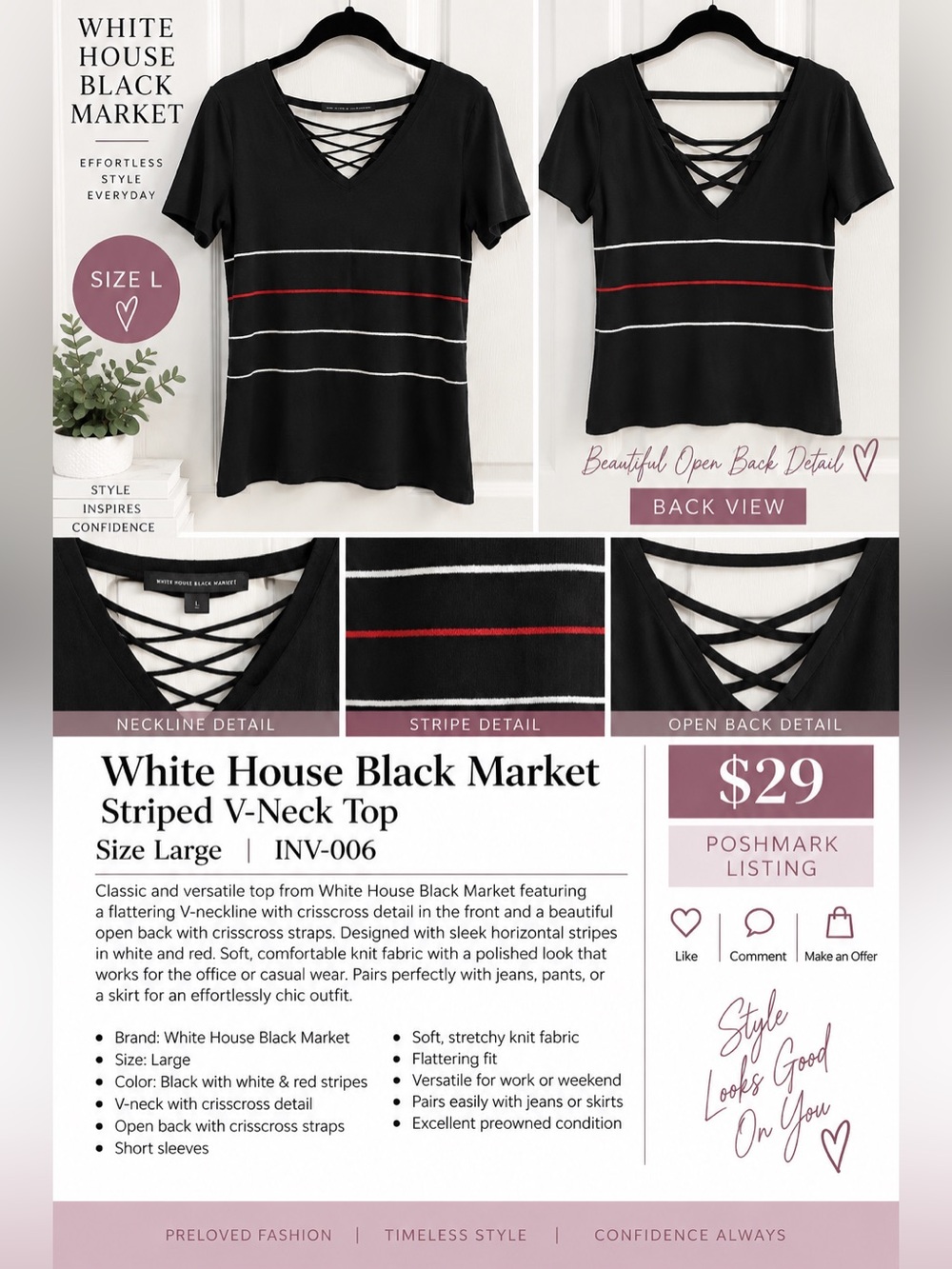 White House Black Market Black V-Neck Striped Short Sleeve Top